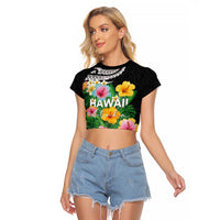 Hawaii Aloha Tropical Leaves and Flower Raglan Cropped T Shirt with Polynesian Art Tattoo Black Color - Polynesian Pride