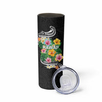 Hawaii Aloha Tropical Leaves and Flower Skinny Tumbler with Polynesian Art Tattoo Black Color - Polynesian Pride