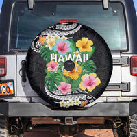 Hawaii Aloha Tropical Leaves and Flower Spare Tire Cover with Polynesian Art Tattoo Black Color - Polynesian Pride