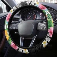 Hawaii Aloha Tropical Leaves and Flower Steering Wheel Cover with Polynesian Art Tattoo Black Color - Polynesian Pride