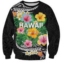 Hawaii Aloha Tropical Leaves and Flower Sweatshirt with Polynesian Art Tattoo Black Color LT03 Unisex Black - Polynesian Pride