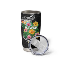 Hawaii Aloha Tropical Leaves and Flower Tumbler Cup with Polynesian Art Tattoo Black Color - Polynesian Pride