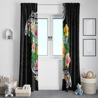 Hawaii Aloha Tropical Leaves and Flower Window Curtain with Polynesian Art Tattoo Black Color - Polynesian Pride