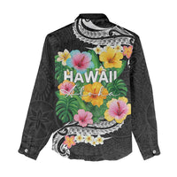 Hawaii Aloha Tropical Leaves and Flower Women Casual Shirt with Polynesian Art Tattoo Black Color - Polynesian Pride