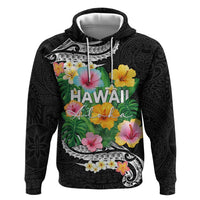 Hawaii Aloha Tropical Leaves and Flower Zip Hoodie with Polynesian Art Tattoo Black Color - Polynesian Pride
