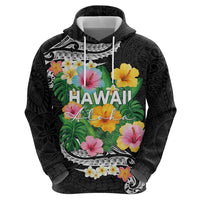 Hawaii Aloha Tropical Leaves and Flower Zip Hoodie with Polynesian Art Tattoo Black Color - Polynesian Pride