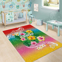 Hawaii Aloha Tropical Leaves and Flower Area Rug with Polynesian Art Tattoo Rainbow Color - Polynesian Pride