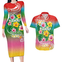 Hawaii Aloha Tropical Leaves and Flower Couples Matching Long Sleeve Bodycon Dress and Hawaiian Shirt with Polynesian Art Tattoo Rainbow Color - Polynesian Pride