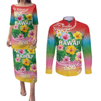 Hawaii Aloha Tropical Leaves and Flower Couples Matching Puletasi and Long Sleeve Button Shirt with Polynesian Art Tattoo Rainbow Color - Polynesian Pride