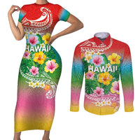 Hawaii Aloha Tropical Leaves and Flower Couples Matching Short Sleeve Bodycon Dress and Long Sleeve Button Shirt with Polynesian Art Tattoo Rainbow Color - Polynesian Pride