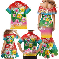 Hawaii Aloha Tropical Leaves and Flower Family Matching Mermaid Dress and Hawaiian Shirt with Polynesian Art Tattoo Rainbow Color - Polynesian Pride
