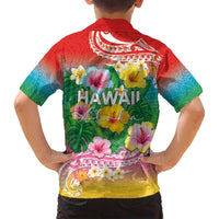 Hawaii Aloha Tropical Leaves and Flower Family Matching Off Shoulder Short Dress and Hawaiian Shirt with Polynesian Art Tattoo Rainbow Color - Polynesian Pride