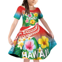 Hawaii Aloha Tropical Leaves and Flower Family Matching Off Shoulder Short Dress and Hawaiian Shirt with Polynesian Art Tattoo Rainbow Color - Polynesian Pride