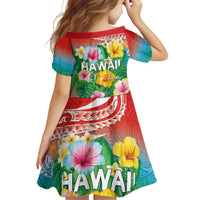 Hawaii Aloha Tropical Leaves and Flower Family Matching Puletasi and Hawaiian Shirt with Polynesian Art Tattoo Rainbow Color - Polynesian Pride