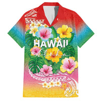 Hawaii Aloha Tropical Leaves and Flower Family Matching Puletasi and Hawaiian Shirt with Polynesian Art Tattoo Rainbow Color - Polynesian Pride