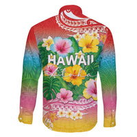 Hawaii Aloha Tropical Leaves and Flower Family Matching Short Sleeve Bodycon Dress and Hawaiian Shirt with Polynesian Art Tattoo Rainbow Color - Polynesian Pride