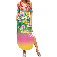 Hawaii Aloha Tropical Leaves and Flower Family Matching Summer Maxi Dress and Hawaiian Shirt with Polynesian Art Tattoo Rainbow Color - Polynesian Pride