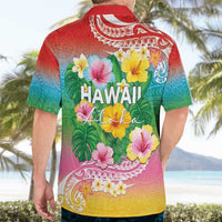 Hawaii Aloha Tropical Leaves and Flower Hawaiian Shirt with Polynesian Art Tattoo Rainbow Color - Polynesian Pride