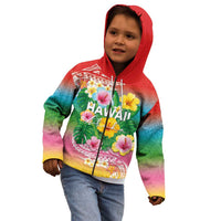 Hawaii Aloha Tropical Leaves and Flower Kid Hoodie with Polynesian Art Tattoo Rainbow Color - Polynesian Pride