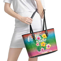 Hawaii Aloha Tropical Leaves and Flower Leather Tote Bag with Polynesian Art Tattoo Rainbow Color - Polynesian Pride