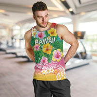 Hawaii Aloha Tropical Leaves and Flower Men Tank Top with Polynesian Art Tattoo Rainbow Color - Polynesian Pride