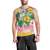 Hawaii Aloha Tropical Leaves and Flower Men Tank Top with Polynesian Art Tattoo Rainbow Color - Polynesian Pride
