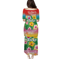 Hawaii Aloha Tropical Leaves and Flower Puletasi with Polynesian Art Tattoo Rainbow Color - Polynesian Pride