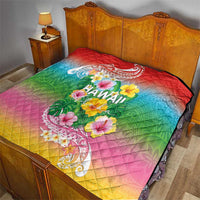 Hawaii Aloha Tropical Leaves and Flower Quilt with Polynesian Art Tattoo Rainbow Color - Polynesian Pride