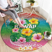 Hawaii Aloha Tropical Leaves and Flower Round Carpet with Polynesian Art Tattoo Rainbow Color - Polynesian Pride