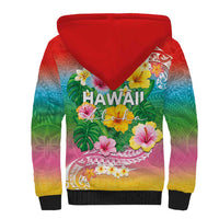 Hawaii Aloha Tropical Leaves and Flower Sherpa Hoodie with Polynesian Art Tattoo Rainbow Color - Polynesian Pride