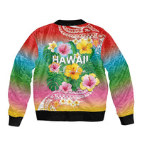 Hawaii Aloha Tropical Leaves and Flower Sleeve Zip Bomber Jacket with Polynesian Art Tattoo Rainbow Color - Polynesian Pride