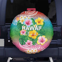 Hawaii Aloha Tropical Leaves and Flower Spare Tire Cover with Polynesian Art Tattoo Rainbow Color - Polynesian Pride