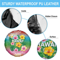 Hawaii Aloha Tropical Leaves and Flower Spare Tire Cover with Polynesian Art Tattoo Rainbow Color - Polynesian Pride