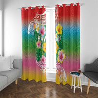 Hawaii Aloha Tropical Leaves and Flower Window Curtain with Polynesian Art Tattoo Rainbow Color - Polynesian Pride