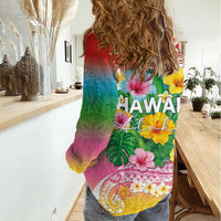 Hawaii Aloha Tropical Leaves and Flower Women Casual Shirt with Polynesian Art Tattoo Rainbow Color - Polynesian Pride
