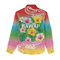 Hawaii Aloha Tropical Leaves and Flower Women Casual Shirt with Polynesian Art Tattoo Rainbow Color - Polynesian Pride