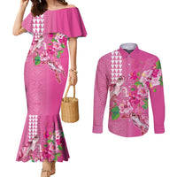 Hawaii Aloha Turtle Hibiscus and Leaves Couples Matching Mermaid Dress and Long Sleeve Button Shirt with Polynesian and Kakau Tattoos Rose Color - Polynesian Pride