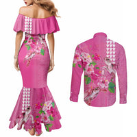 Hawaii Aloha Turtle Hibiscus and Leaves Couples Matching Mermaid Dress and Long Sleeve Button Shirt with Polynesian and Kakau Tattoos Rose Color - Polynesian Pride