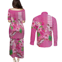 Hawaii Aloha Turtle Hibiscus and Leaves Couples Matching Puletasi and Long Sleeve Button Shirt with Polynesian and Kakau Tattoos Rose Color - Polynesian Pride