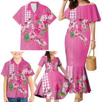 Hawaii Aloha Turtle Hibiscus and Leaves Family Matching Mermaid Dress and Hawaiian Shirt with Polynesian and Kakau Tattoos Rose Color - Polynesian Pride