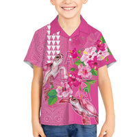 Hawaii Aloha Turtle Hibiscus and Leaves Family Matching Off Shoulder Short Dress and Hawaiian Shirt with Polynesian and Kakau Tattoos Rose Color - Polynesian Pride