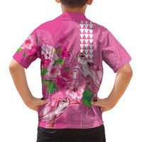 Hawaii Aloha Turtle Hibiscus and Leaves Kid Hawaiian Shirt with Polynesian and Kakau Tattoos Rose Color - Polynesian Pride