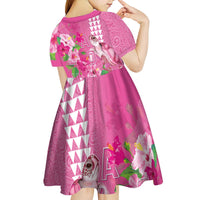 Hawaii Aloha Turtle Hibiscus and Leaves Kid Short Sleeve Dress with Polynesian and Kakau Tattoos Rose Color - Polynesian Pride