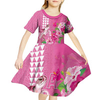 Hawaii Aloha Turtle Hibiscus and Leaves Kid Short Sleeve Dress with Polynesian and Kakau Tattoos Rose Color - Polynesian Pride