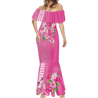Hawaii Aloha Turtle Hibiscus and Leaves Mermaid Dress with Polynesian and Kakau Tattoos Rose Color - Polynesian Pride