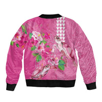 Hawaii Aloha Turtle Hibiscus and Leaves Sleeve Zip Bomber Jacket with Polynesian and Kakau Tattoos Rose Color - Polynesian Pride