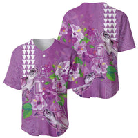 Hawaii Aloha Turtle Hibiscus and Leaves Baseball Jersey with Polynesian and Kakau Tattoos Lilac Color - Polynesian Pride