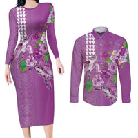 Hawaii Aloha Turtle Hibiscus and Leaves Couples Matching Long Sleeve Bodycon Dress and Long Sleeve Button Shirt with Polynesian and Kakau Tattoos Lilac Color - Polynesian Pride
