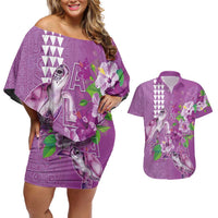 Hawaii Aloha Turtle Hibiscus and Leaves Couples Matching Off Shoulder Short Dress and Hawaiian Shirt with Polynesian and Kakau Tattoos Lilac Color - Polynesian Pride
