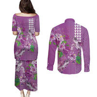 Hawaii Aloha Turtle Hibiscus and Leaves Couples Matching Puletasi and Long Sleeve Button Shirt with Polynesian and Kakau Tattoos Lilac Color - Polynesian Pride